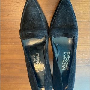 Ferragamo suede slip on kitten heels